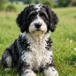 Black and white Bordoodle with curly coat sitting in a green meadow looking at the camera