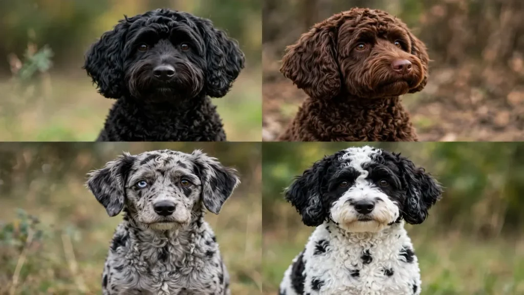 Four Bordoodles showing different coat colors: solid black, chocolate brown, blue merle, and black-and-white parti