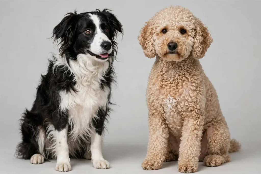 Black and white Border Collie sitting next to a cream curly-coated Poodle against a plain background