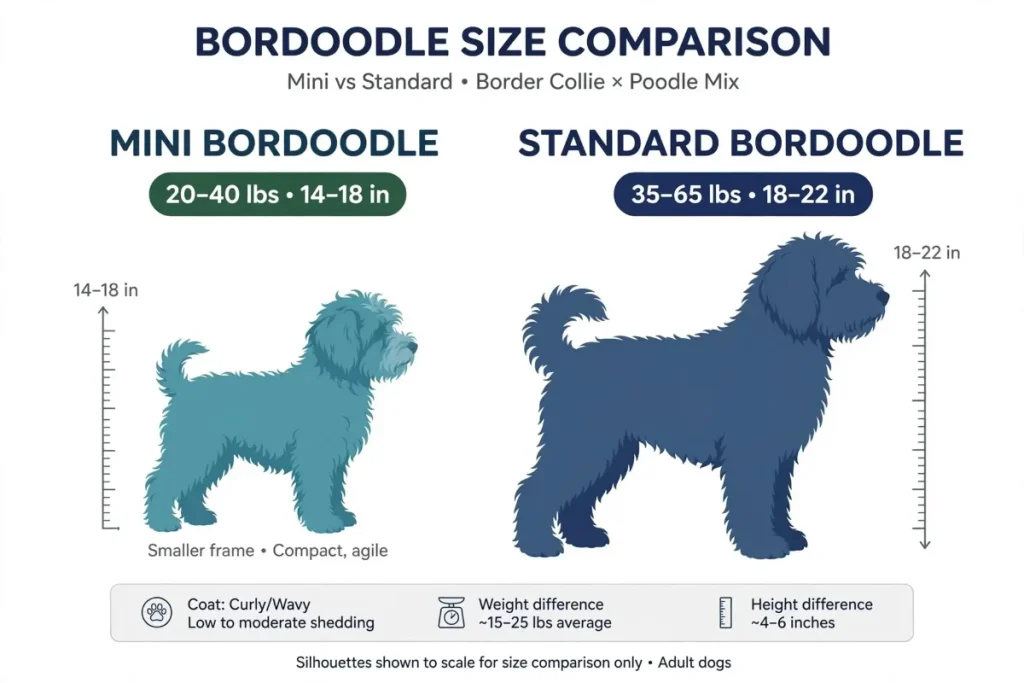 Infographic comparing Mini Bordoodle (20–40 lbs, 14–18 in) and Standard Bordoodle (35–65 lbs, 18–22 in) with dog silhouettes and size details