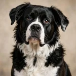 Close-up portrait of a black and white Boxollie (Boxer × Border Collie mix) with a broad white blaze on its face, brown eyes, and fluffy white chest, looking calmly at the camera