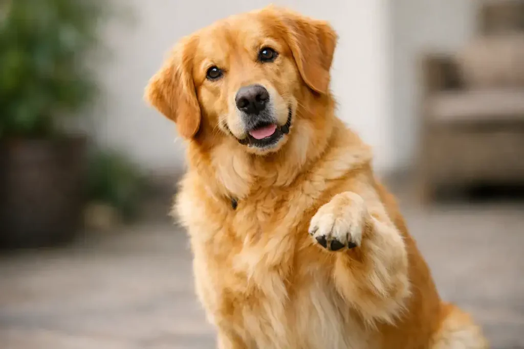 A golden retriever on a patio lifting one paw while smiling happily with tongue out and bright eyes, surrounded by potted plants.