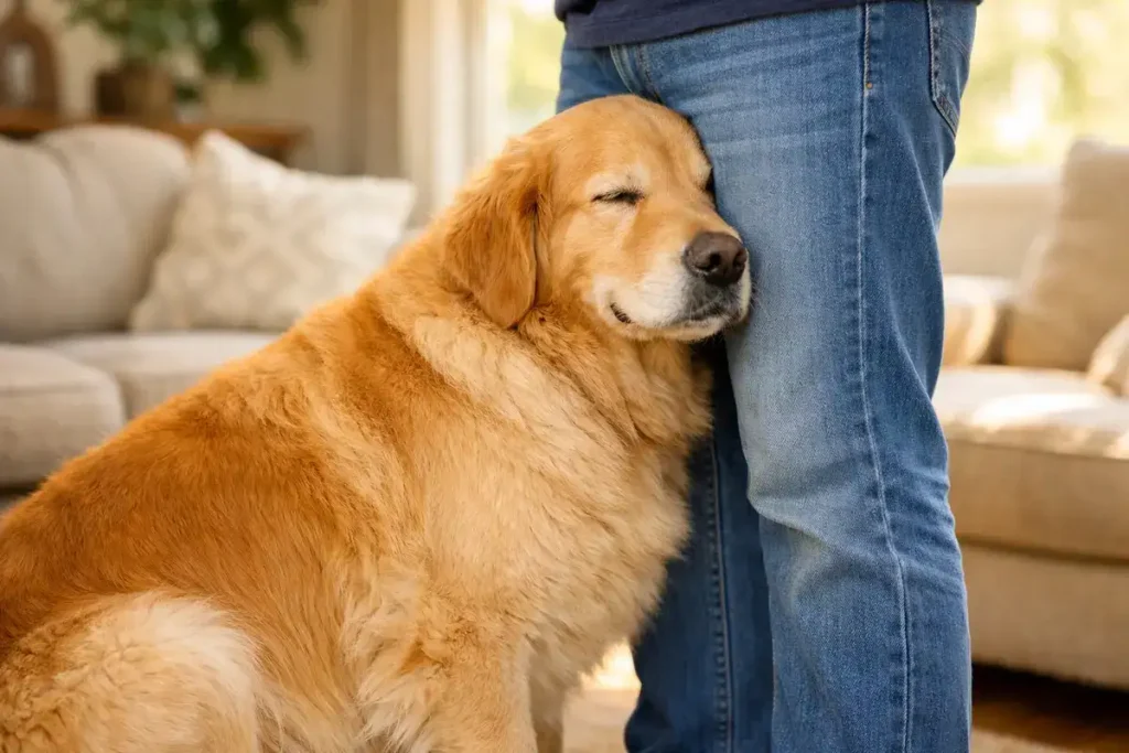 A golden retriever leaning affectionately against a person's leg, eyes closed in relaxation, in a cozy living room.