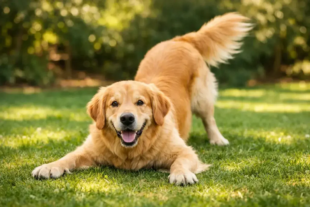 A golden retriever in a playful bow pose on green grass, front down and rear up, with a happy open-mouthed grin and wagging tail.