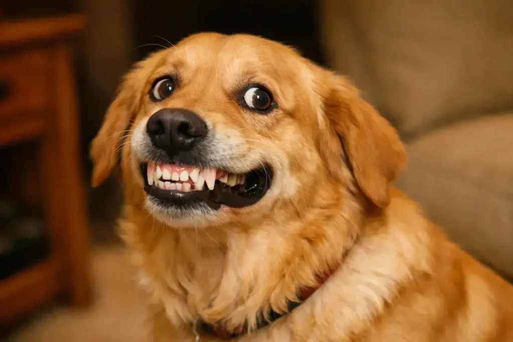 A golden retriever displaying a submissive grin with wide eyes, bared teeth, and exposed gums, indicating appeasement.
