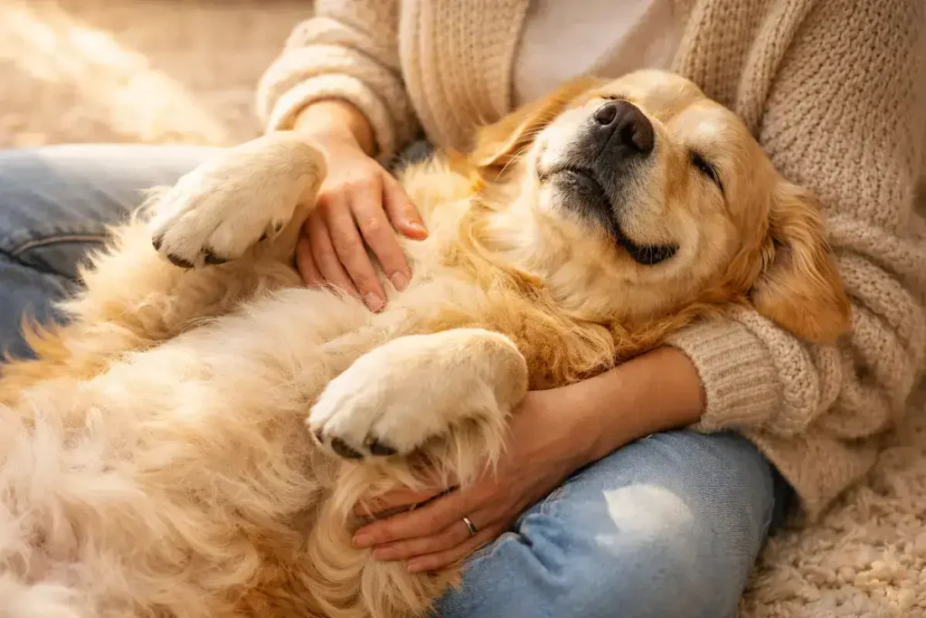 A golden retriever lies on its back in a trusting embrace, belly exposed and smiling happily as a person pets it on a cozy carpet.