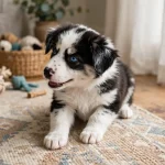Adorable black and white Husky Border Collie mix puppy with striking blue eyes lying on a patterned rug