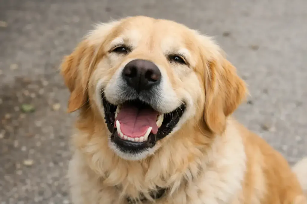 A golden retriever smiling happily outdoors, with open mouth, visible tongue, and squinted eyes conveying joy.