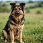 Black and tan Shollie dog sitting attentively in a green grassy meadow