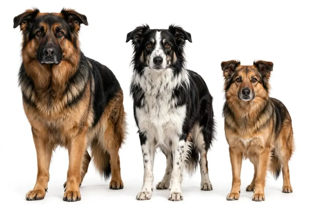 Three dogs side by side on white background: large black-and-tan German Shepherd, black-and-white Border Collie, and smaller tan-and-black Shollie mix