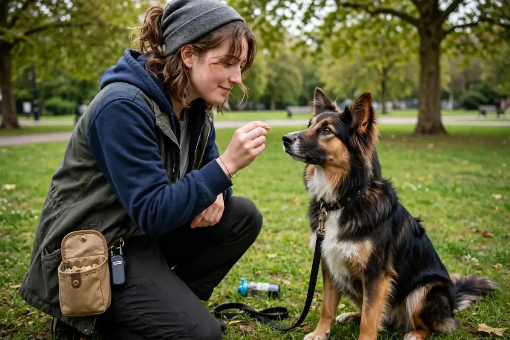 Woman kneeling in a park offering a treat to a black-and-tan Shollie dog sitting attentively on the grass