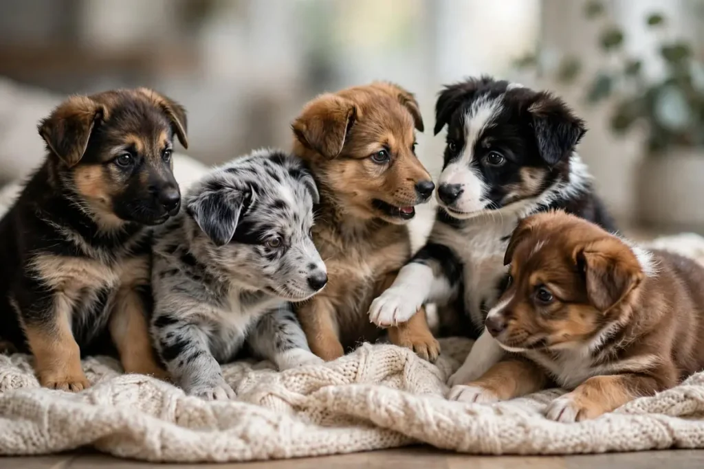 Five adorable Shollie puppies of different colors and patterns resting together on a cream knitted blanket