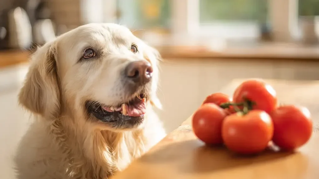 Can Dogs Eat Tomatoes? The Shocking Truth About What’s Safe (and Toxic!) 2 Can dogs eat tomatoes safely? Close-up of a happy, healthy golden retriever sitting next to a bowl of fresh, ripe red tomatoes, illustrating that dogs can safely eat tomatoes in moderation