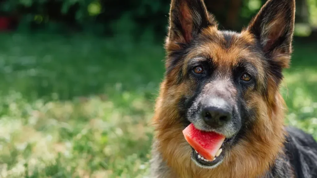 A happy German Shepherd dog eating a seedless slice of watermelon outdoors, showcasing how to safely feed watermelon as a refreshing and hydrating treat for dogs