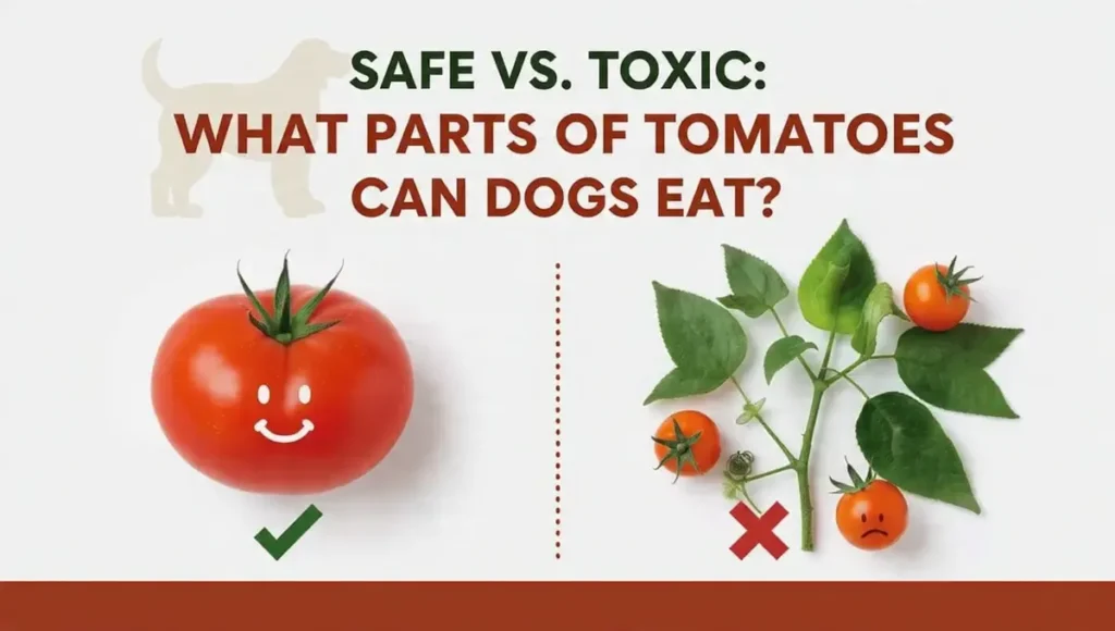 Can Dogs Eat Tomatoes? The Shocking Truth About What’s Safe (and Toxic!) 3 Side-by-side infographic comparing safe ripe tomatoes (with a green checkmark) and toxic green tomato parts (leaves, stems, and unripe tomatoes with a red 'X'), explaining which parts of tomatoes are safe and unsafe for dogs