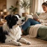 Black and white Border Collie lying calmly on a woven rug in a cozy living room while a woman reads on the sofa in the background