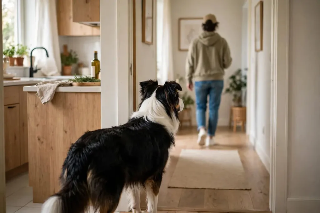 Black and white Border Collie standing in a doorway watching a person walk down a bright home hallway