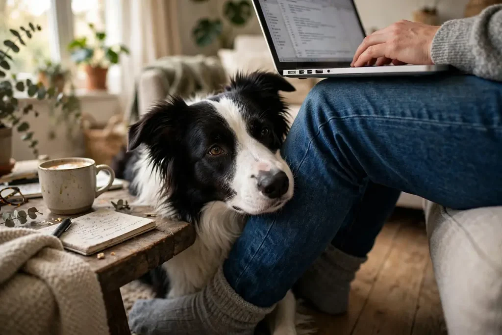 Black and white Border Collie resting its head against a person’s leg while they work on a laptop in a cozy home