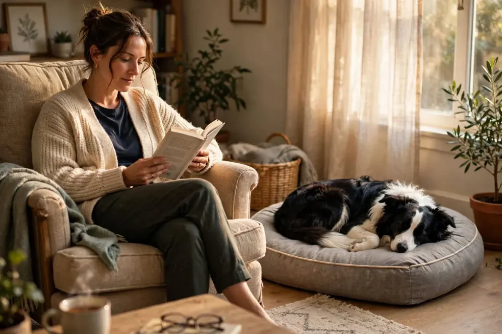 Black and white Border Collie sleeping on a round dog bed while a woman reads in a cozy armchair nearby