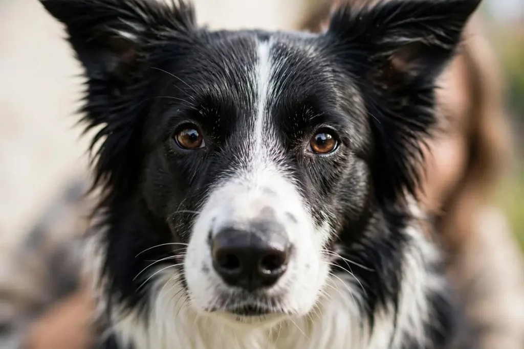 Close-up portrait of a black and white Border Collie looking directly at the camera with soft brown eyes