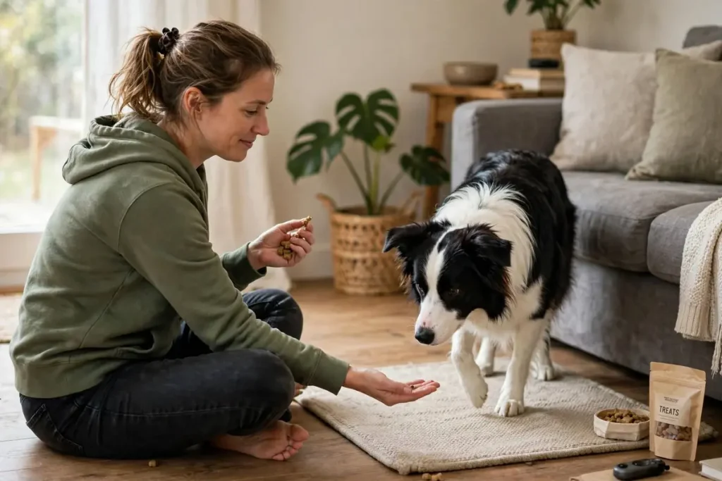 Woman sitting on the floor offering treats to a black and white Border Collie in a bright living room