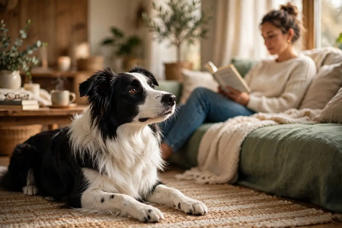 Black and white Border Collie lying calmly on a woven rug in a cozy living room while a woman reads on the sofa in the background