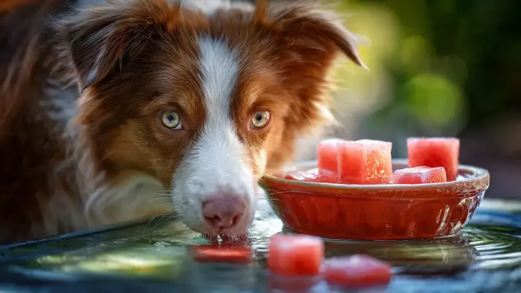 Infographic showing the health benefits of watermelon for dogs, including hydration, antioxidants like lycopene, urinary health, and weight management