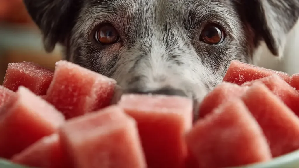 Happy dog with a slice of watermelon, illustrating whether dogs can eat watermelon safely as a hydrating and nutritious treat