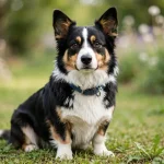 A tricolor Border Collie Corgi mix (Borgi) with black, white, and tan markings sitting on green grass, looking at the camera while wearing a blue collar