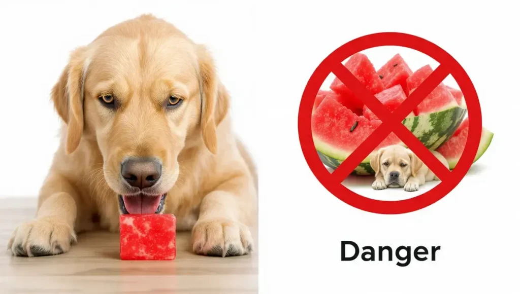 Comparison of safe watermelon flesh for dogs vs. dangerous seeds and rind, which can cause intestinal blockages or digestive upset