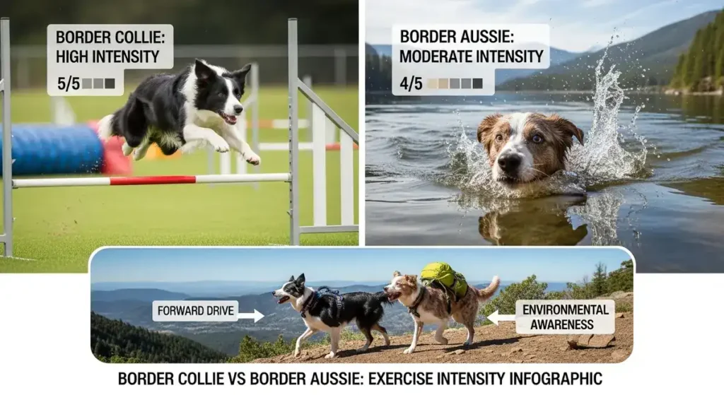 Are Border Collies More Hyper Than Border Aussies? 4 Border Collie vs Border Aussie exercise intensity infographic