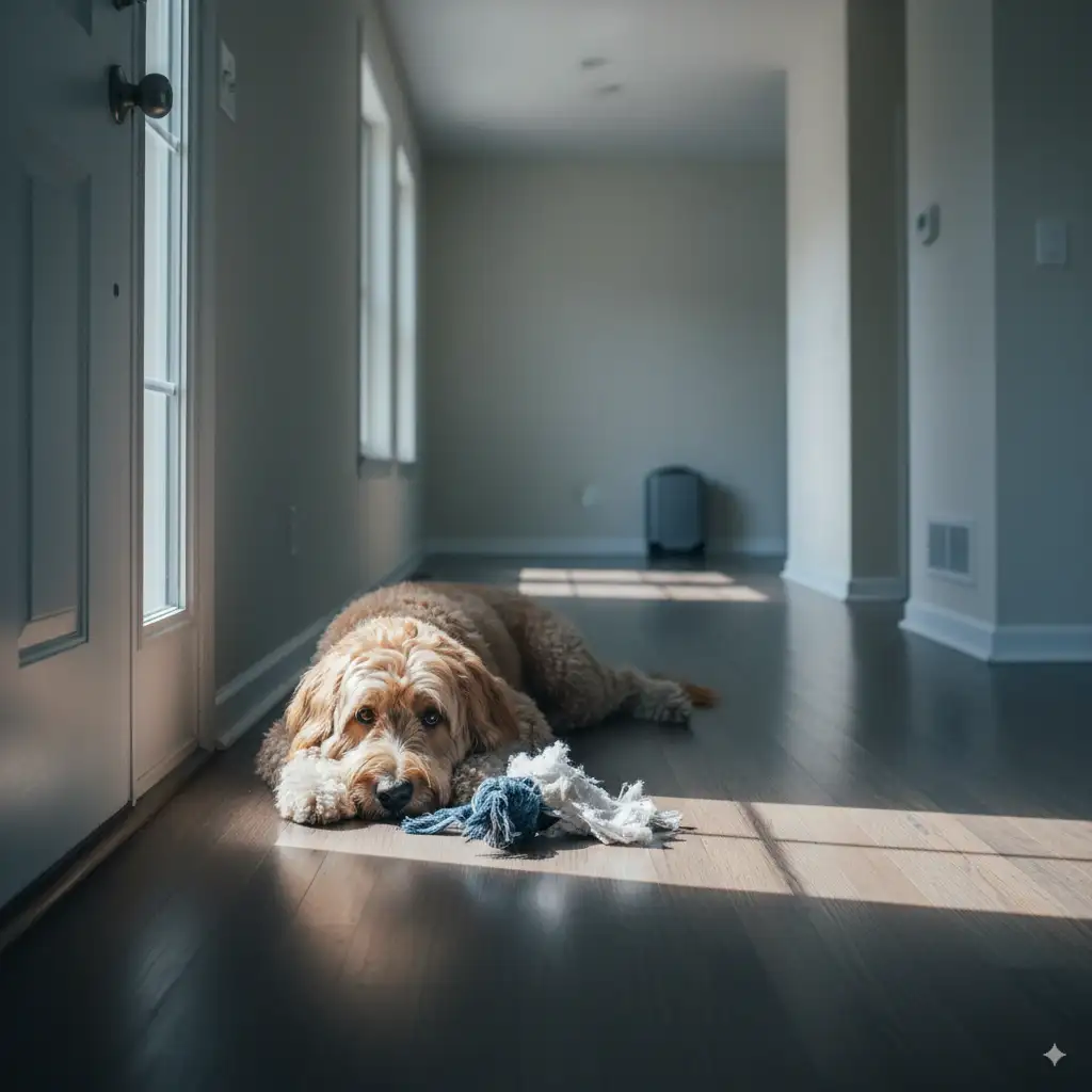 Do Goldendoodles Bark a Lot? 4 Bored Goldendoodle alone at home with a chewed toy