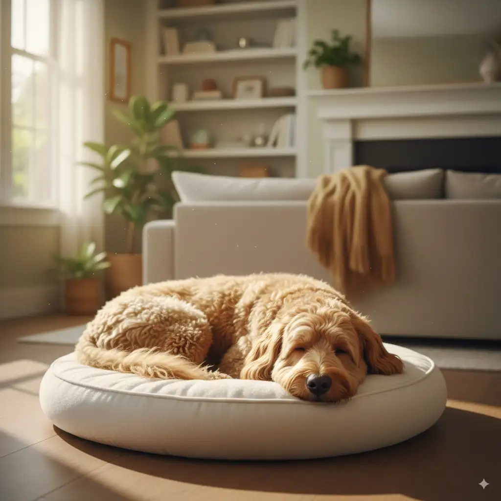 Do Goldendoodles Bark a Lot? 7 Tired and calm Goldendoodle sleeping peacefully on a dog bed
