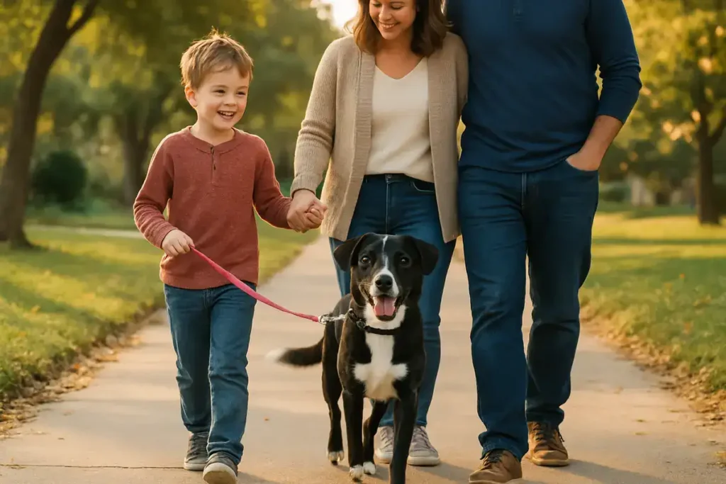 Avoid This Mistake: Ethical Borador Acquisition Now 6 Happy family walking their adopted Borador mixed breed dog