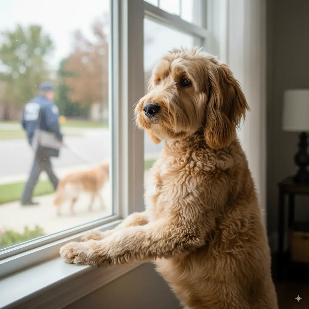Do Goldendoodles Bark a Lot? 3 Goldendoodle looking out window and barking at a trigger