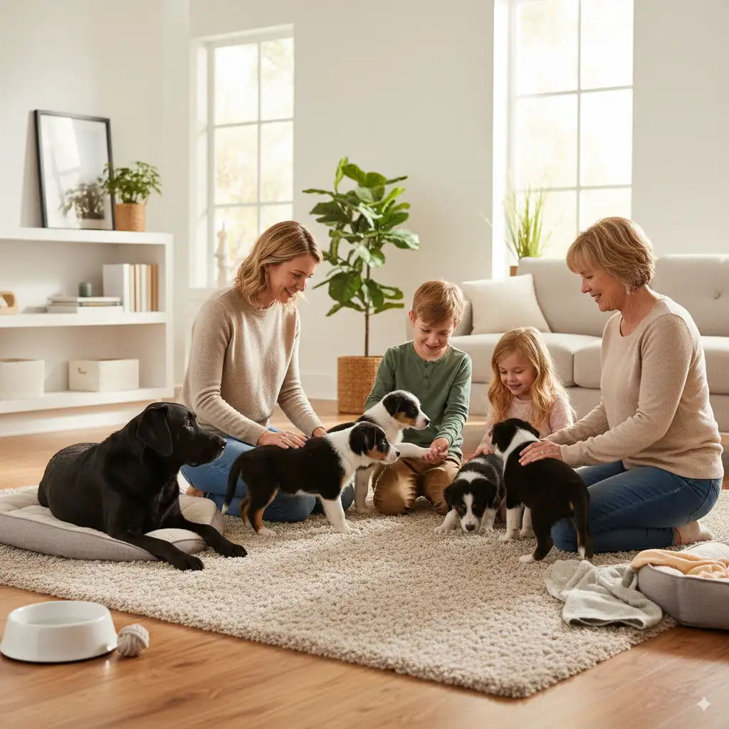 Avoid This Mistake: Ethical Borador Acquisition Now 4 Responsible Borador breeder showing puppies to a family with mother dog