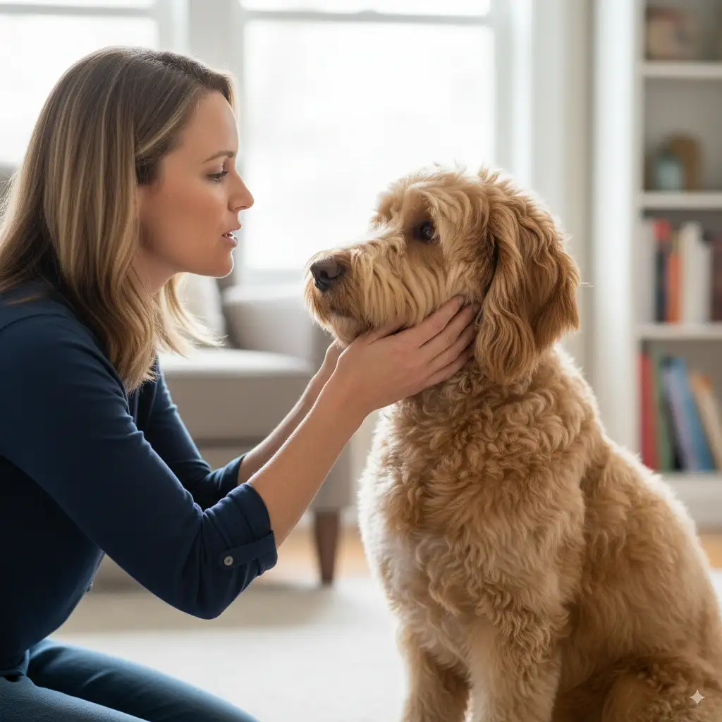 Do Goldendoodles Bark a Lot? 6 Owner calmly giving the quiet command to their Goldendoodle