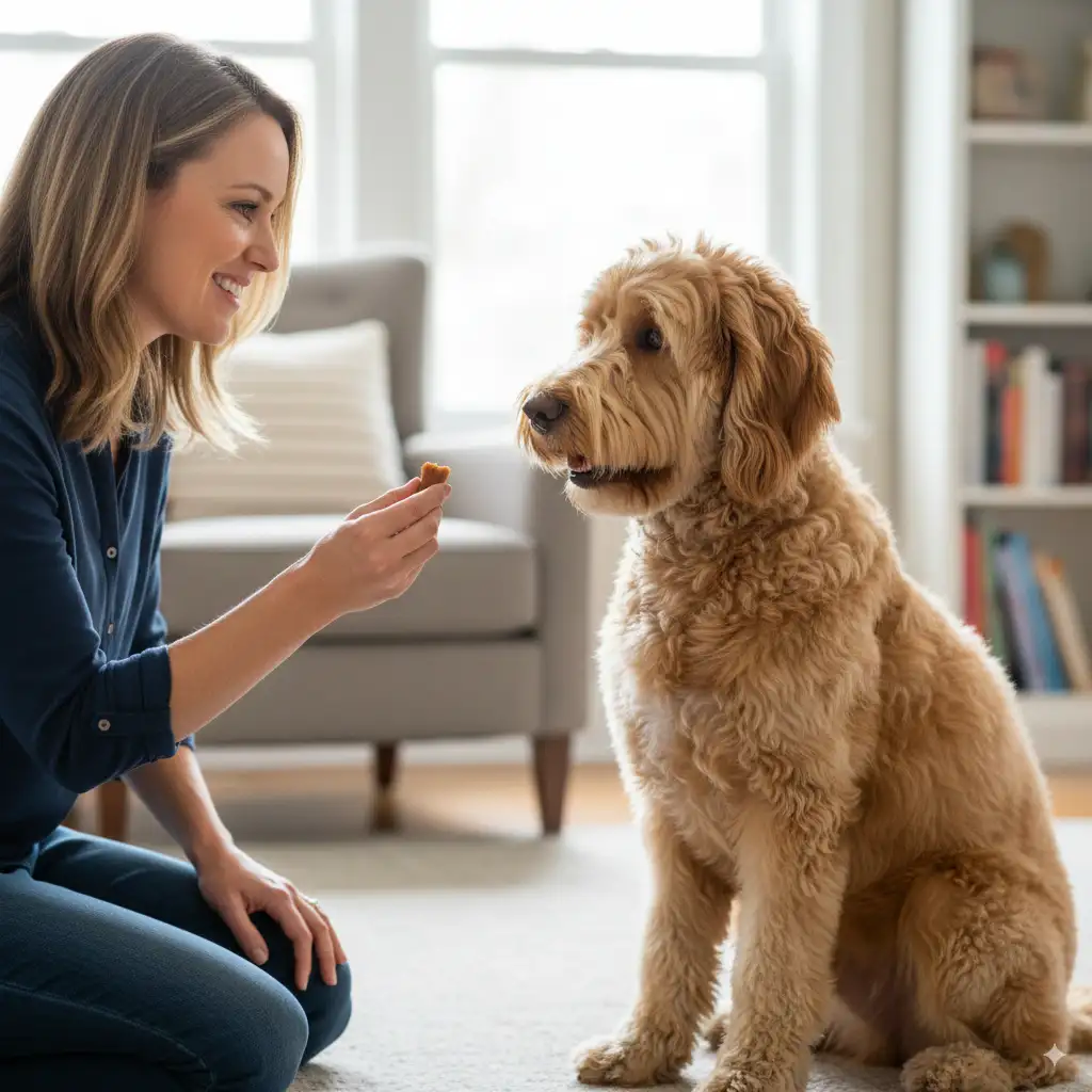 Do Goldendoodles Bark a Lot? 5 Owner giving a treat to a quiet Goldendoodle for positive reinforcement