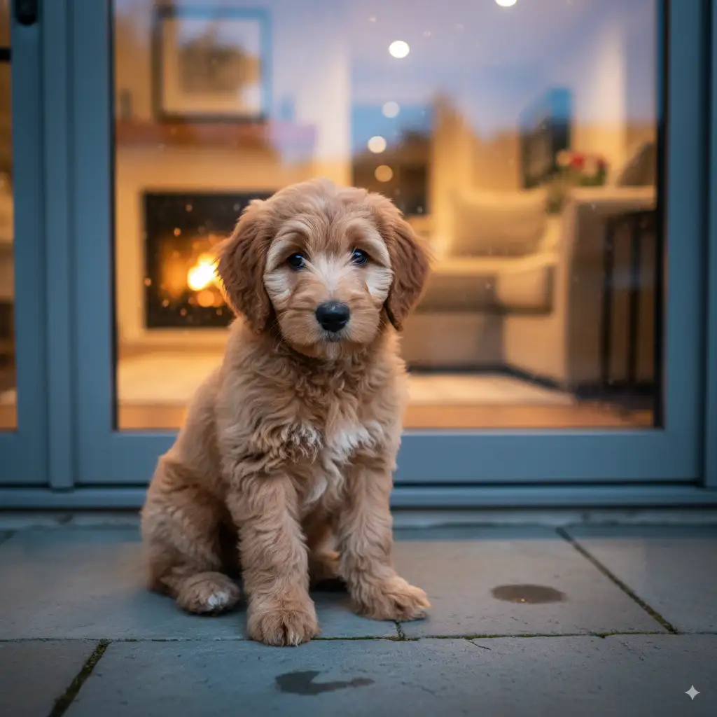 Can a Goldendoodle Puppy Live Outside? 4  Sad Goldendoodle puppy alone outside looking through a door