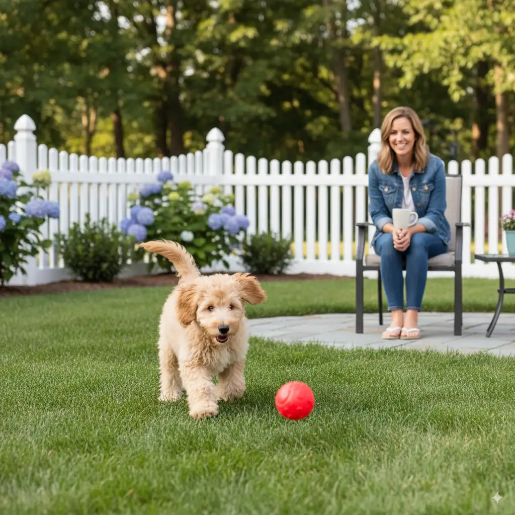 Can a Goldendoodle Puppy Live Outside? 5 Goldendoodle puppy playing in a fenced yard with owner nearby