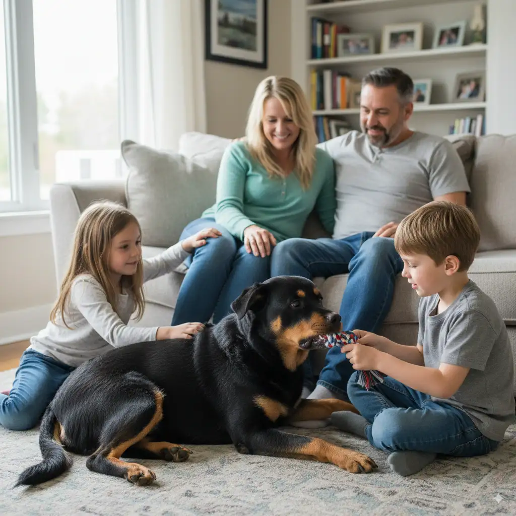Rottweiler Border Collie Mix Lifespan: How Long Do Border Rotties Live? 4 Border Rottie with family in living room