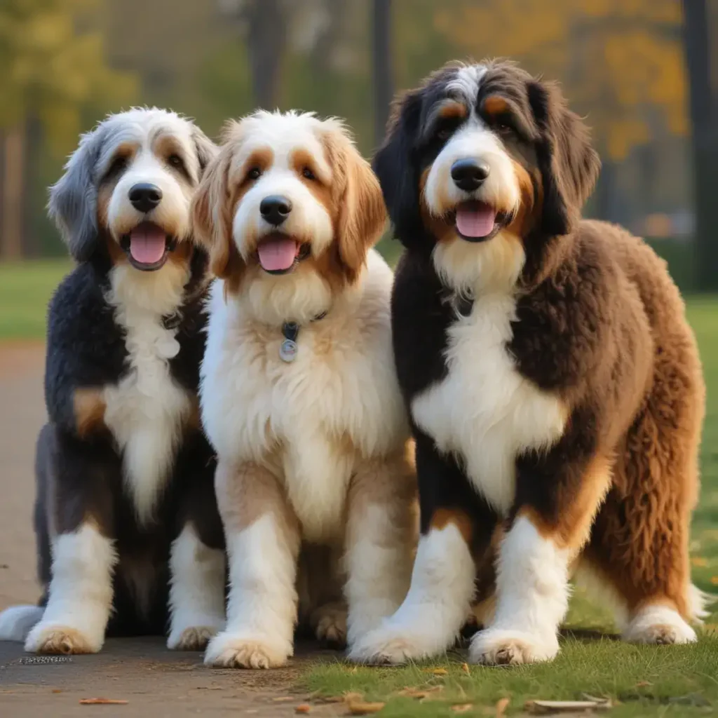 Three adorable Bernedoodles standing side by side outdoors on a grassy path, each with a unique coat color and pattern—black and white, cream and white, and tri-color—all smiling happily at the camera in a sunny park setting