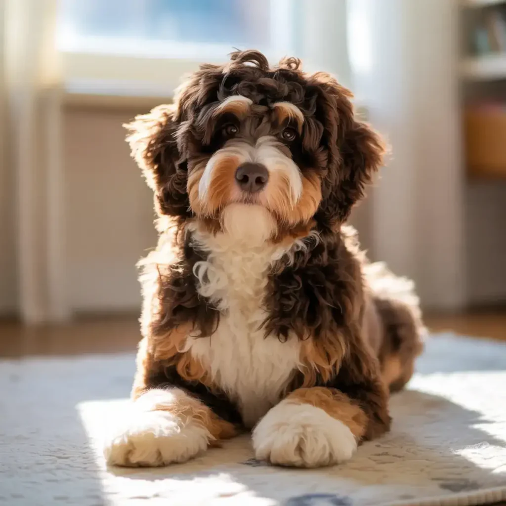 An adorable tri-color Bernedoodle puppy sitting indoors on a sunlit rug, showcasing its fluffy black, brown, and white coat, with a curious and happy expression