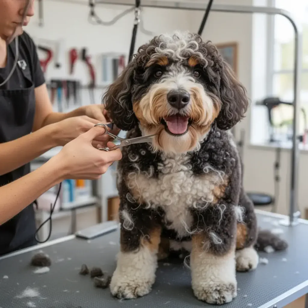 A happy tri-color Bernedoodle sitting calmly on a grooming table while a groomer trims its face with scissors in a professional salon setting.
