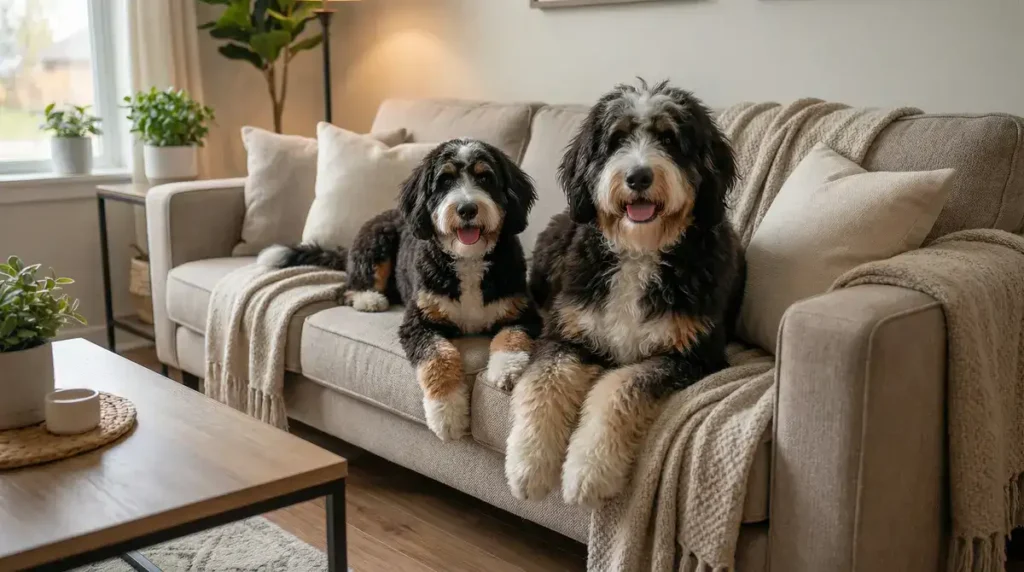 Two adorable Bernedoodles sitting side by side on a cozy beige couch, smiling at the camera with their fluffy, wavy coats and happy expressions in a warm, plant-filled living room.