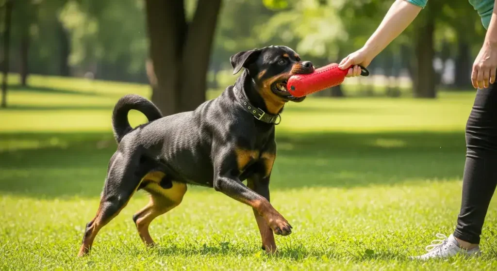Rottweiler practicing obedience commands in a park, building impulse control for safe play with small dogs.