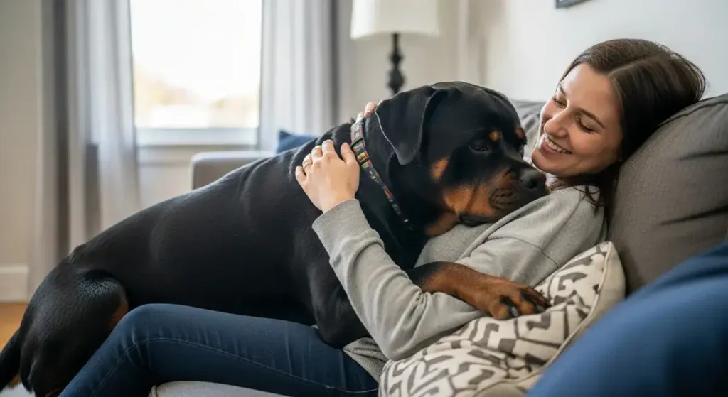 Affectionate Rottweiler bonding with owner, showcasing loyal guardian temperament for families with small dogs.