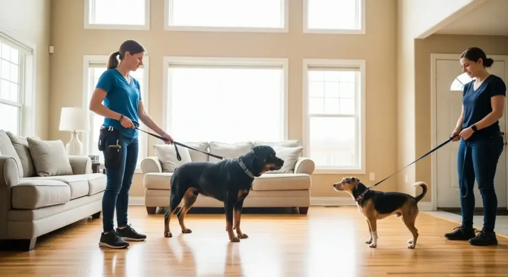 Neutral territory setup with crates and gates for safe Rottweiler and small dogs introductions to prevent conflicts.