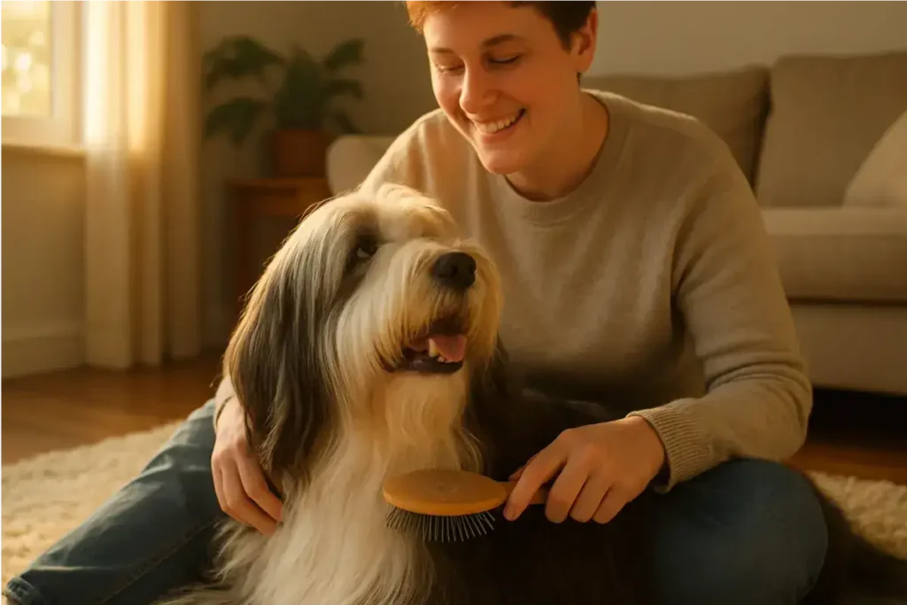 A smiling young woman with short red hair, wearing a beige sweater and jeans, sits on a fluffy white rug in a warmly lit living room, gently brushing the long, shaggy black-and-white coat of a relaxed Bearded Collie dog with a wooden-handled slicker brush; the dog sits contentedly with eyes closed and tongue out, surrounded by a neutral sofa, potted plants, and sheer-curtained windows.
