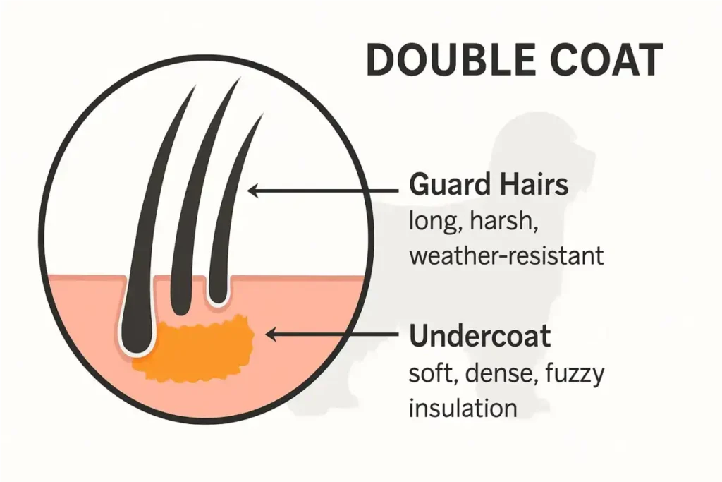 An illustrative diagram of a Bearded Collie's double coat, featuring a circular cross-section of skin with long black guard hairs (labeled as long, harsh, weather-resistant) emerging from a pink skin base, overlaid by an orange fuzzy undercoat (labeled as soft, dense, fuzzy insulation), and a silhouette of a dog's head in the background.